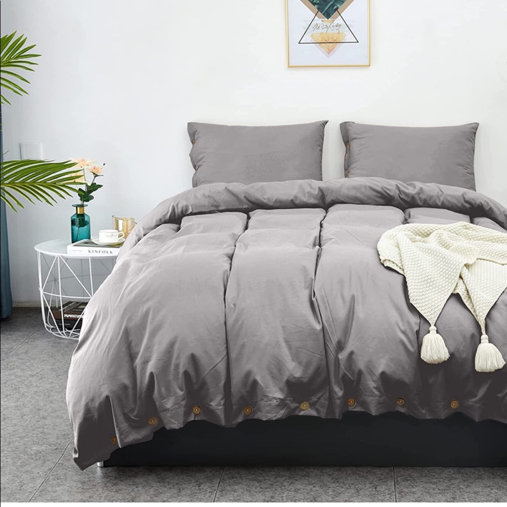 LHKIS Duvet  Cover Set 3 Pieces Grey Soft Microfiber Comforter Button Queen Size